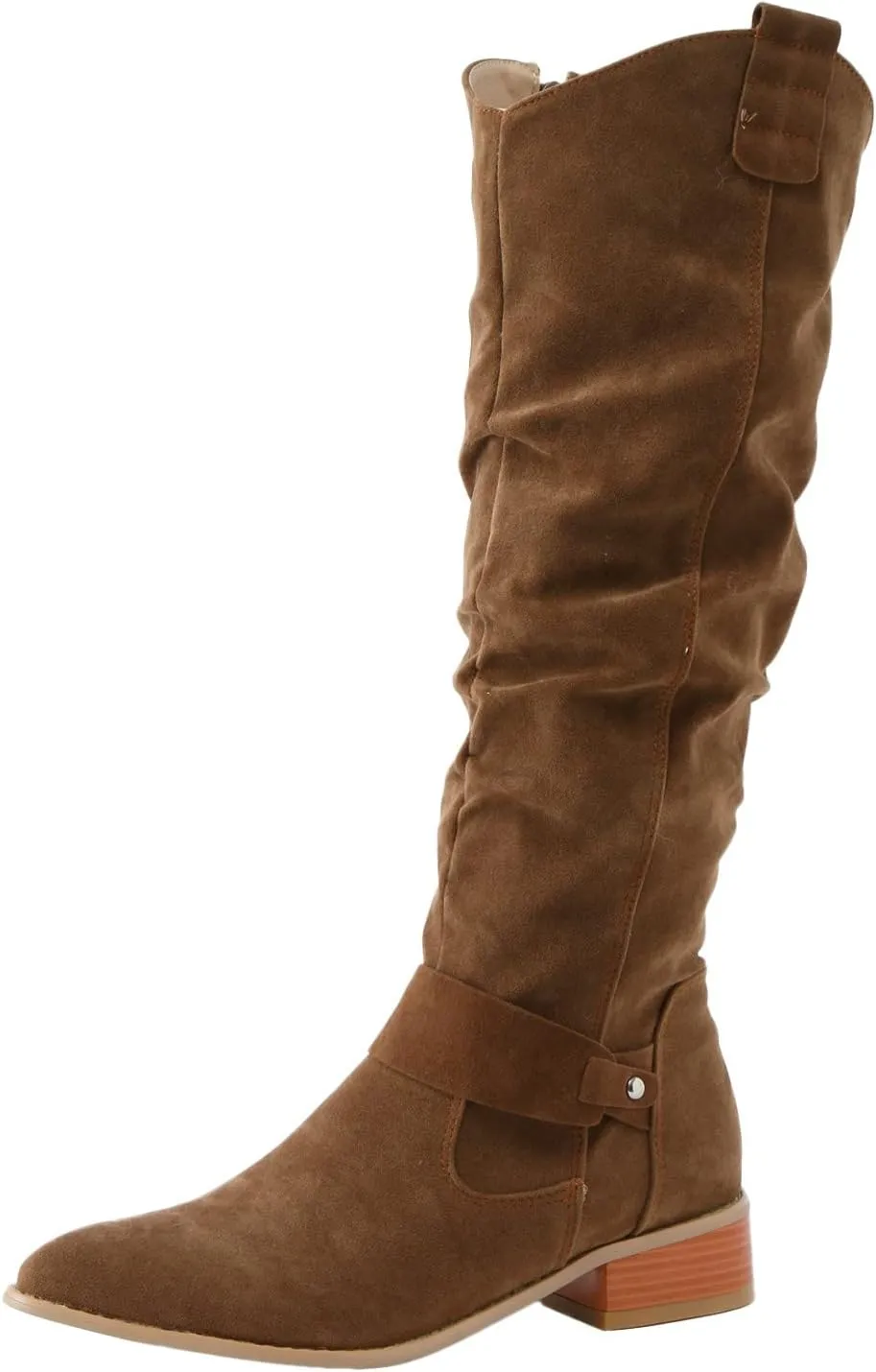 Hiking Boots Women Retro Solid Color Thigh High Boots Pleated Suede Chunky Heeled Knee High Cowgirl Boots