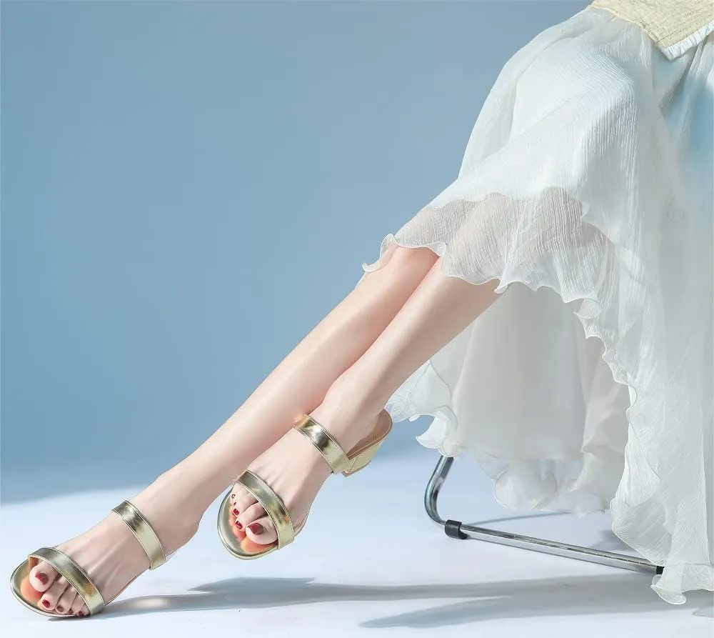 kkdom Round Toe Chunky Heels Sandals-Clear Nude Black Short Heels Two Strap Leather Mule Sandals Slip On Block Heels for Party Dating Daily Work