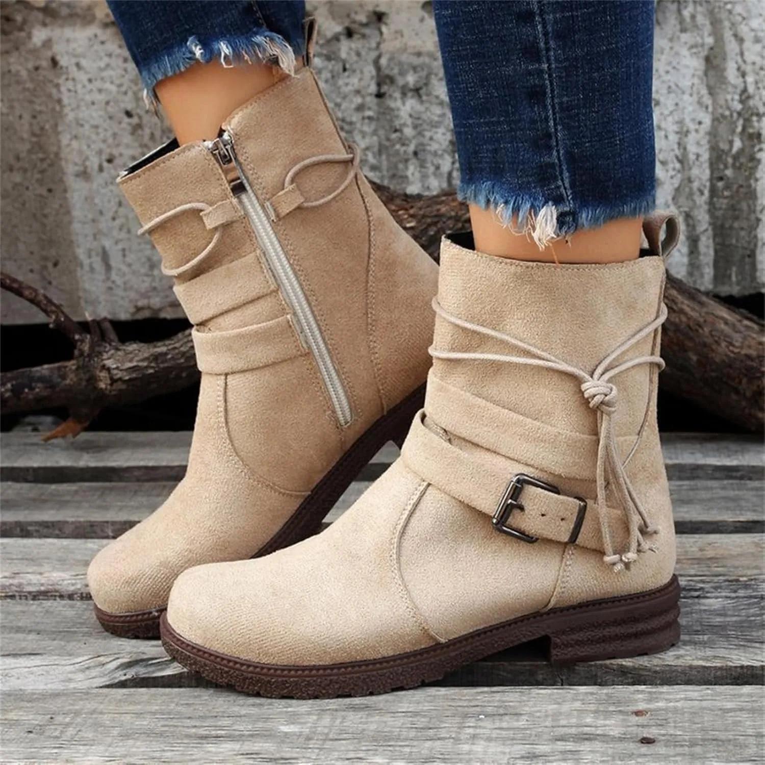 Ladmiple Boots For Women Low Heel Mid Calf Riding Winter Boots Side Zipper Motorcycle Combat Military Biker Ankle Booties
