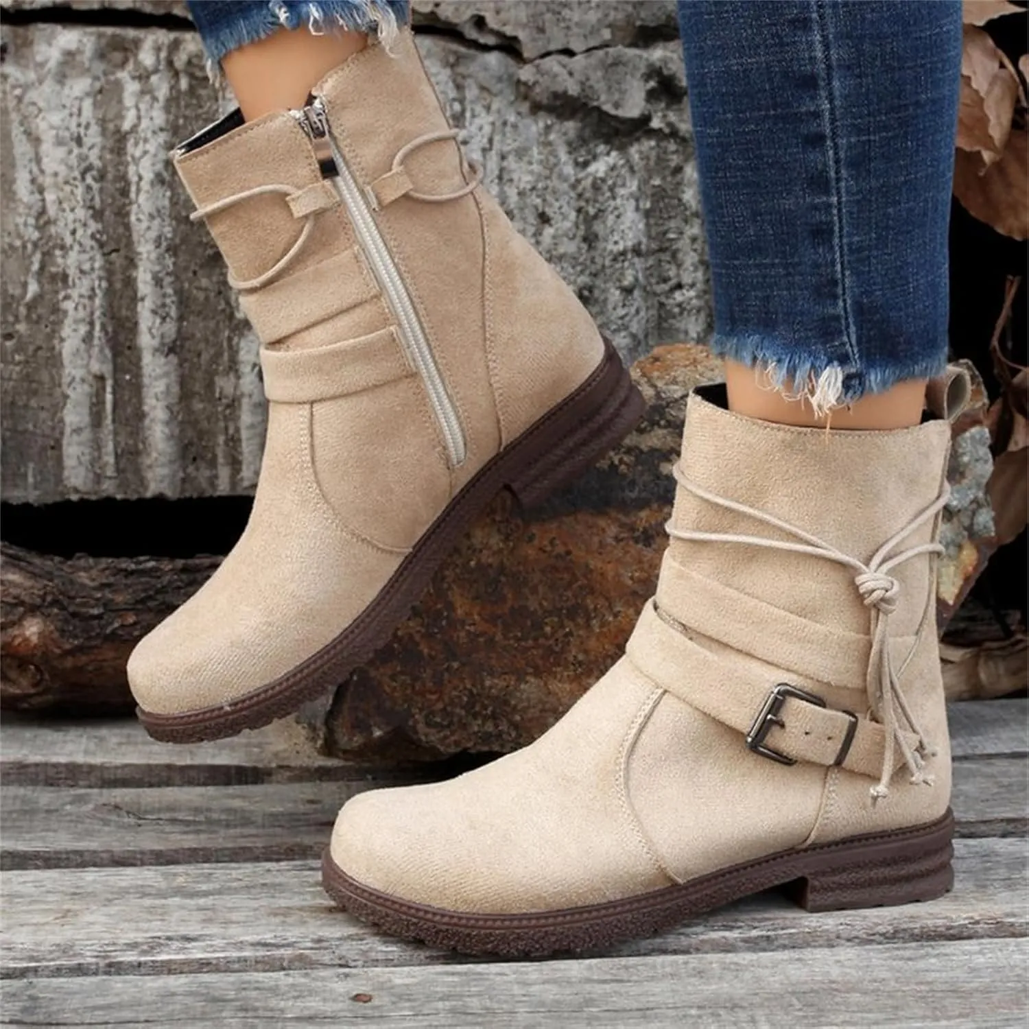 Ladmiple Boots For Women Low Heel Mid Calf Riding Winter Boots Side Zipper Motorcycle Combat Military Biker Ankle Booties