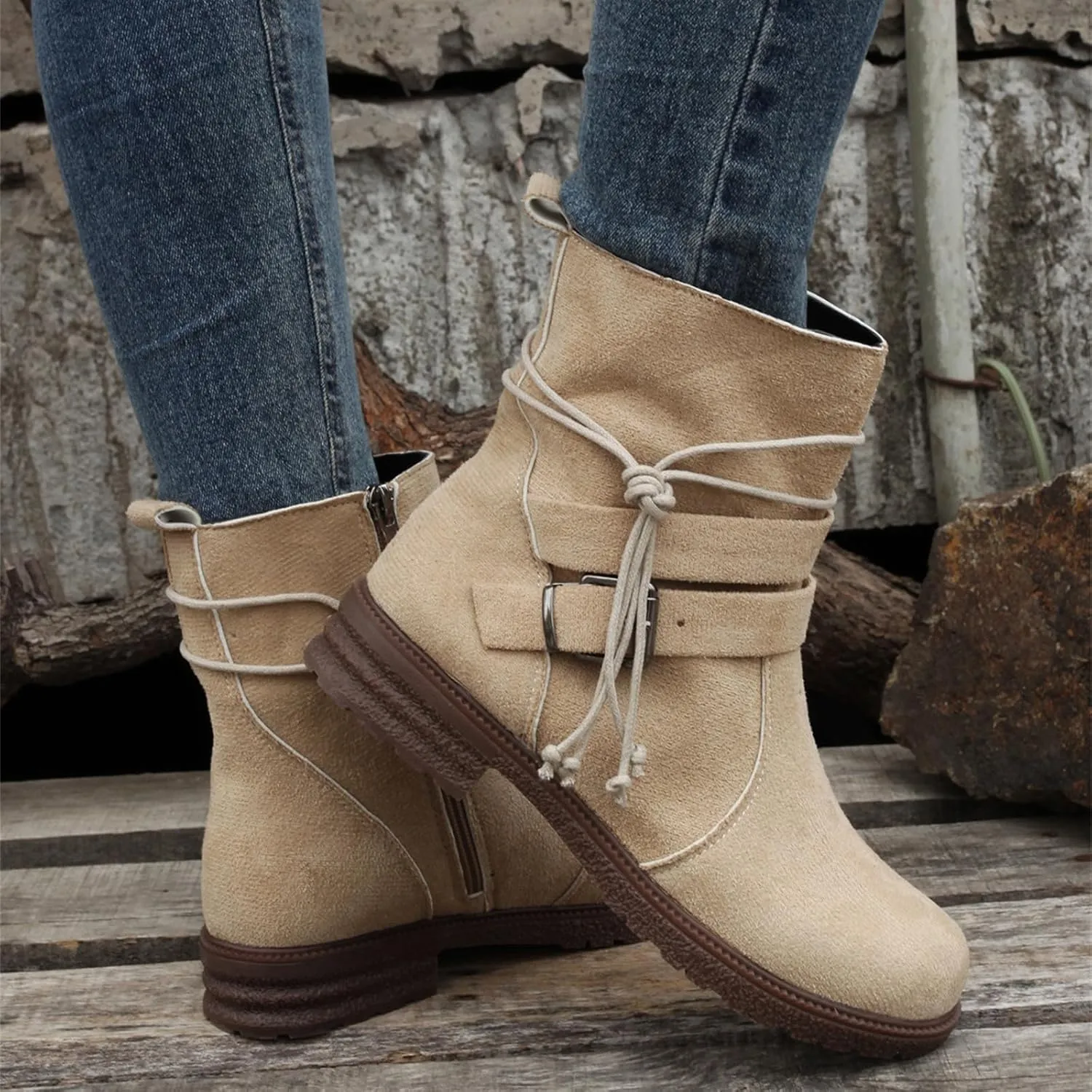 Ladmiple Boots For Women Low Heel Mid Calf Riding Winter Boots Side Zipper Motorcycle Combat Military Biker Ankle Booties