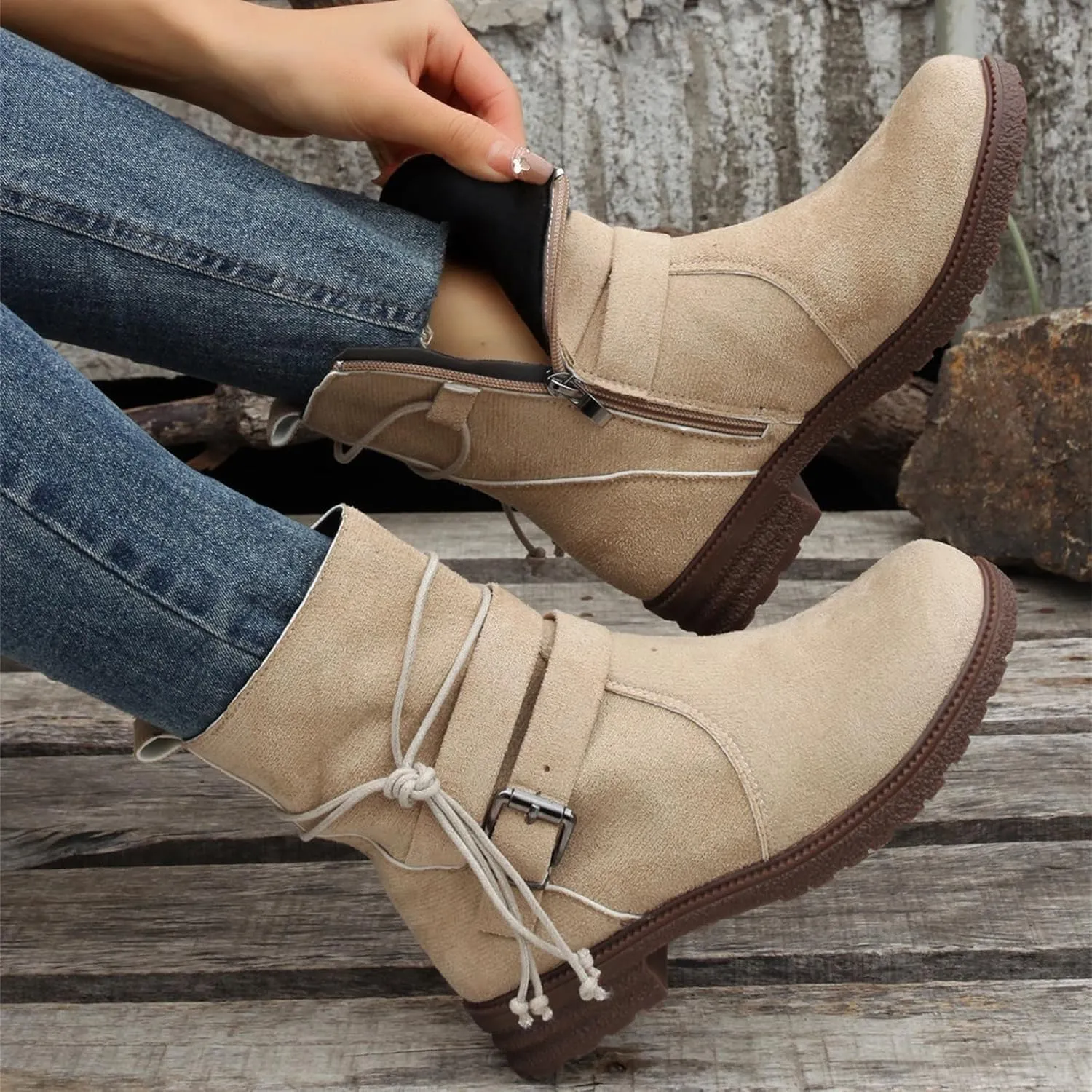 Ladmiple Boots For Women Low Heel Mid Calf Riding Winter Boots Side Zipper Motorcycle Combat Military Biker Ankle Booties