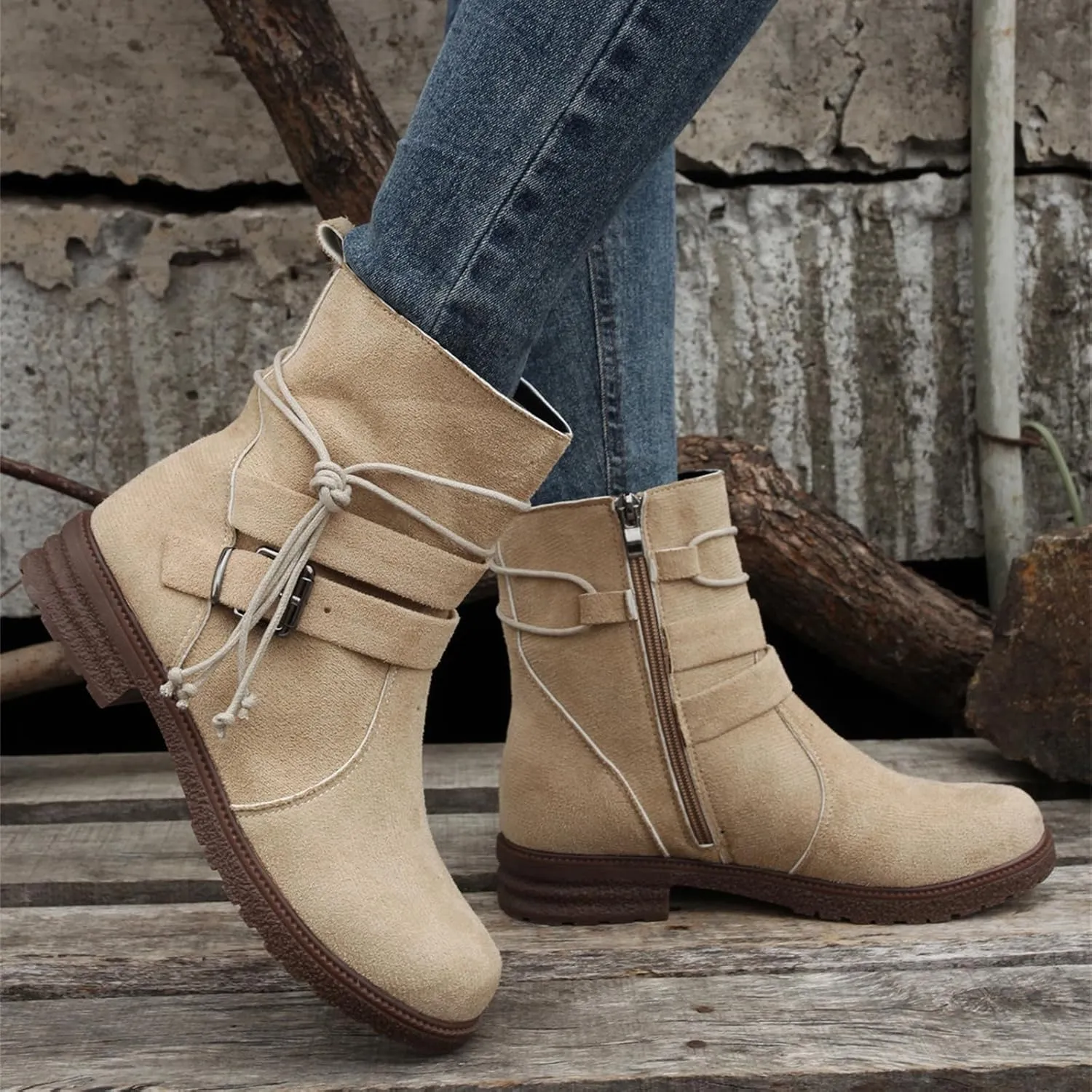 Ladmiple Boots For Women Low Heel Mid Calf Riding Winter Boots Side Zipper Motorcycle Combat Military Biker Ankle Booties