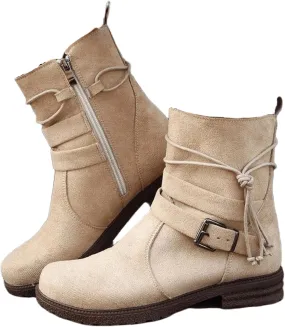 Ladmiple Boots For Women Low Heel Mid Calf Riding Winter Boots Side Zipper Motorcycle Combat Military Biker Ankle Booties