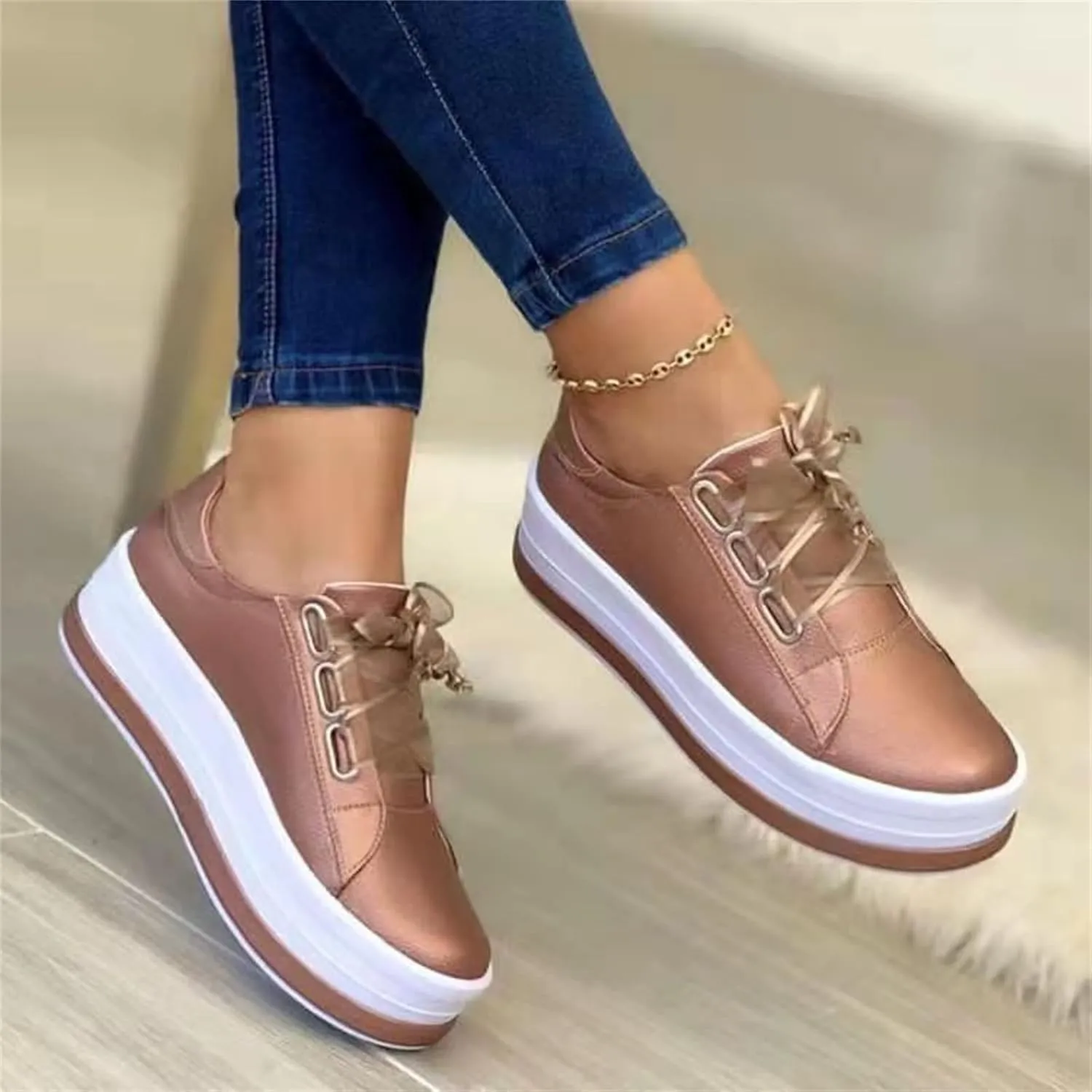 Ladmiple Sneakers For Women Slip On Wide Width Walking Shoes Fashion Lace Up Low Top Comfortable Platform Flats Loafers