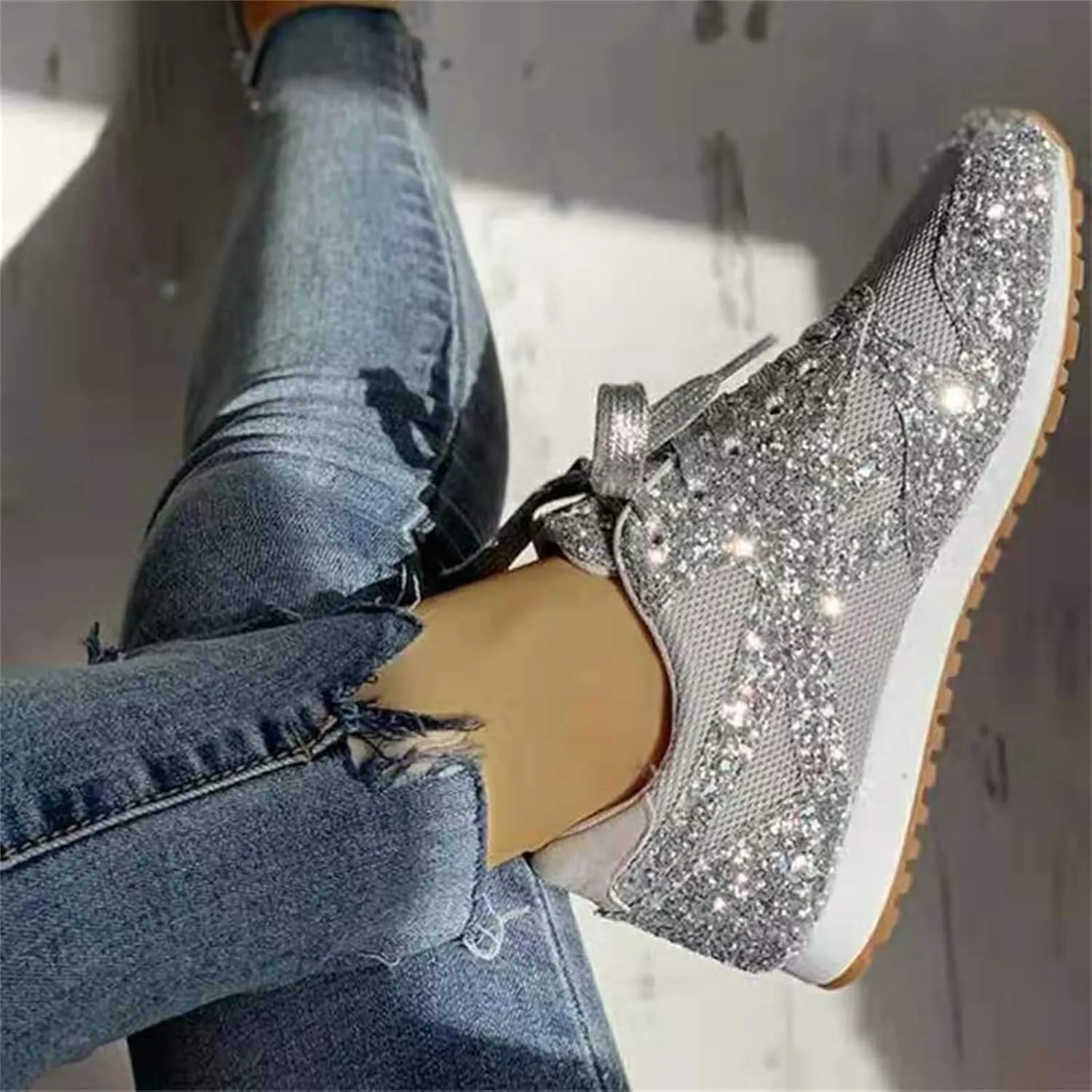 Ladmiple Sneakers For Women Walking Shoes Wide Width Slip on Glitter Shoes Fashion Dressy Summer Sparkly Flats Loafers