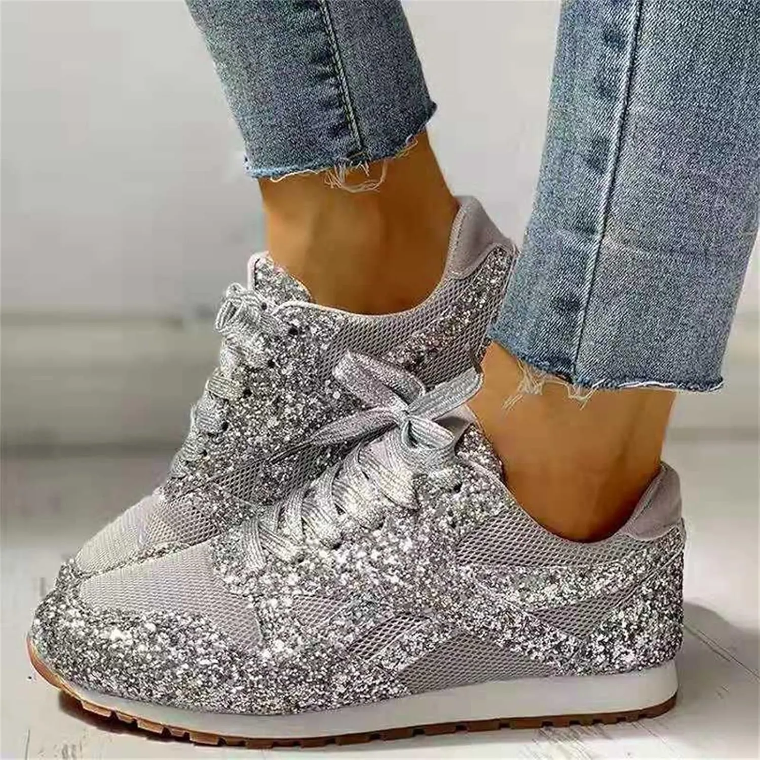 Ladmiple Sneakers For Women Walking Shoes Wide Width Slip on Glitter Shoes Fashion Dressy Summer Sparkly Flats Loafers