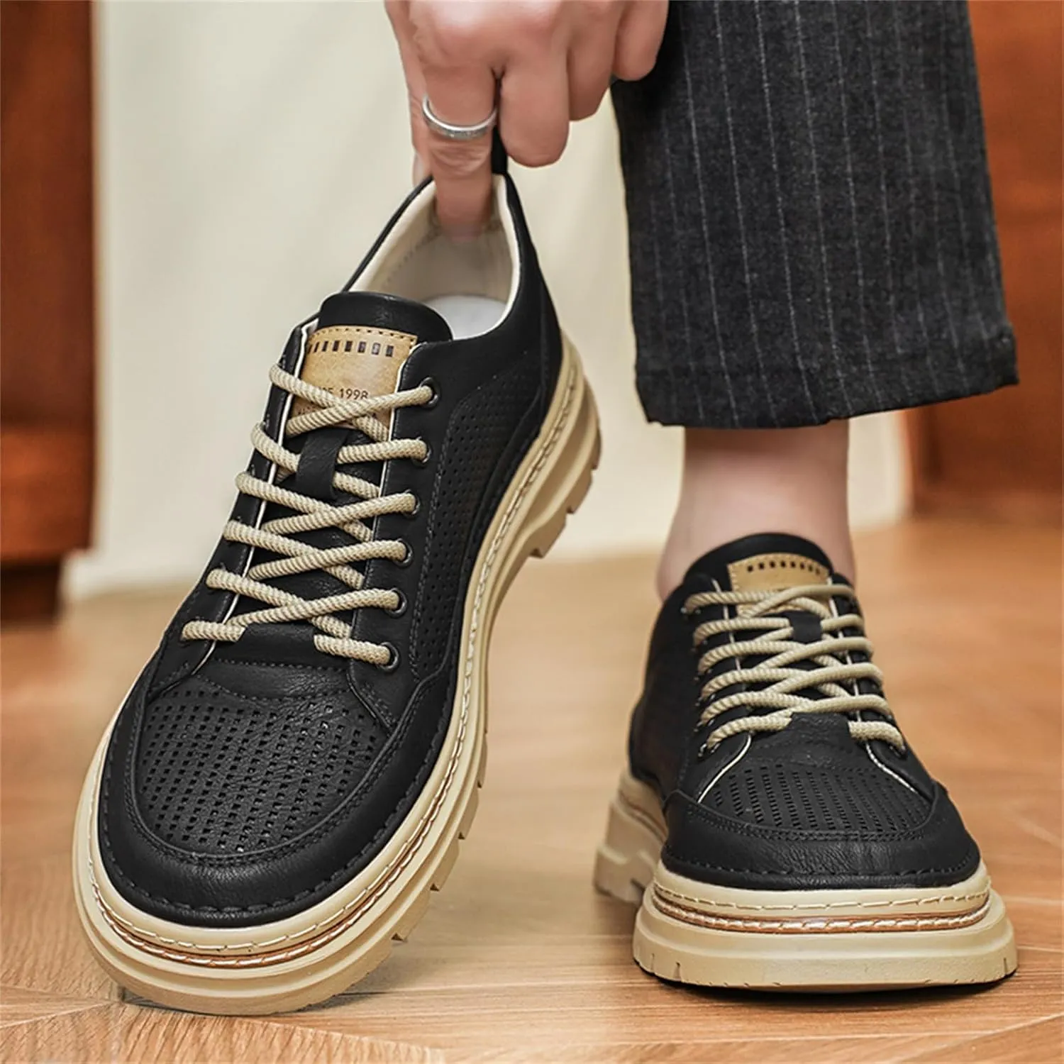 Mens Mid Top Hollow Breathable Leather Lace Up Fashion Sneakers Round Toe Platform Non Slip Sport Shoes for Walking Driving Daily Ourdoor
