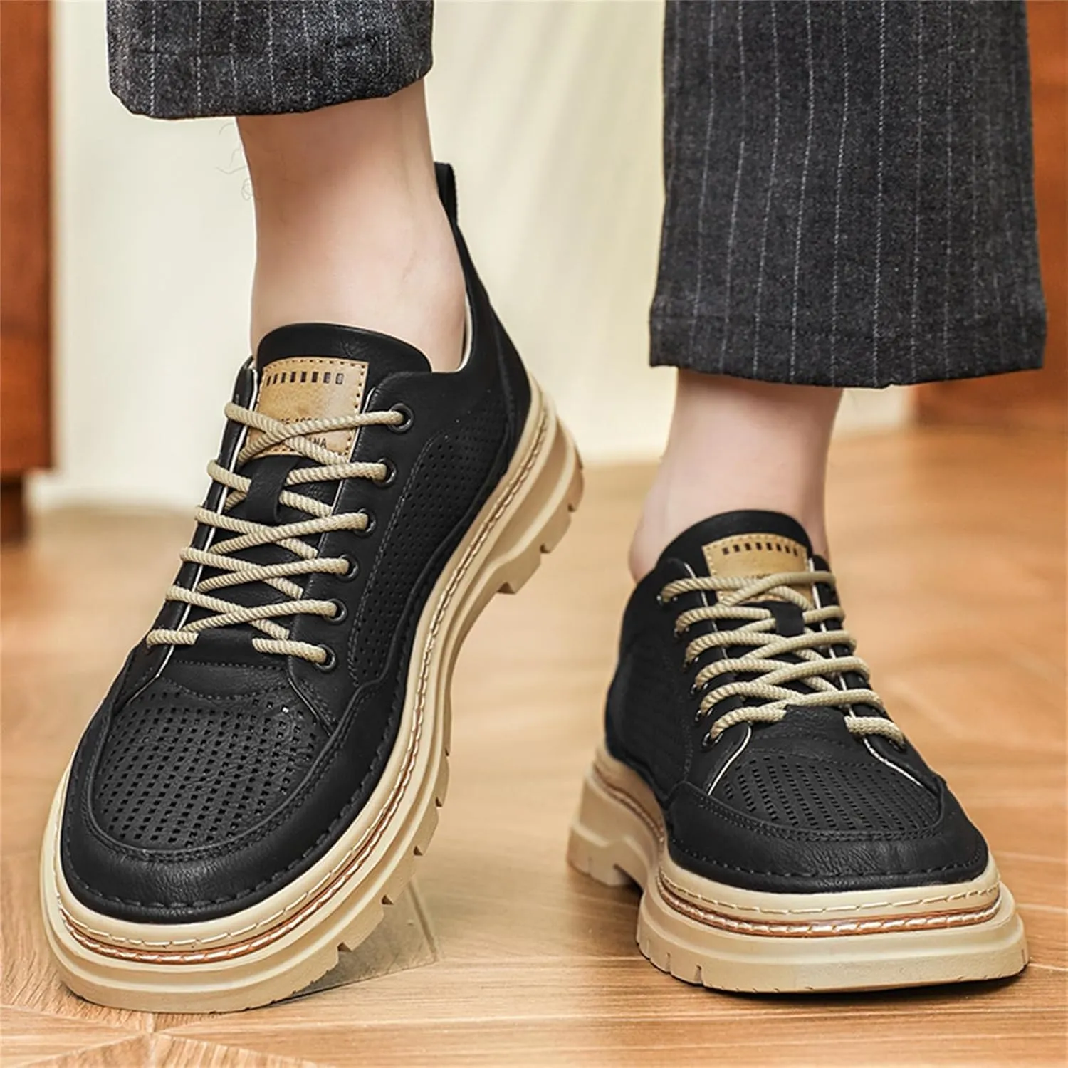 Mens Mid Top Hollow Breathable Leather Lace Up Fashion Sneakers Round Toe Platform Non Slip Sport Shoes for Walking Driving Daily Ourdoor