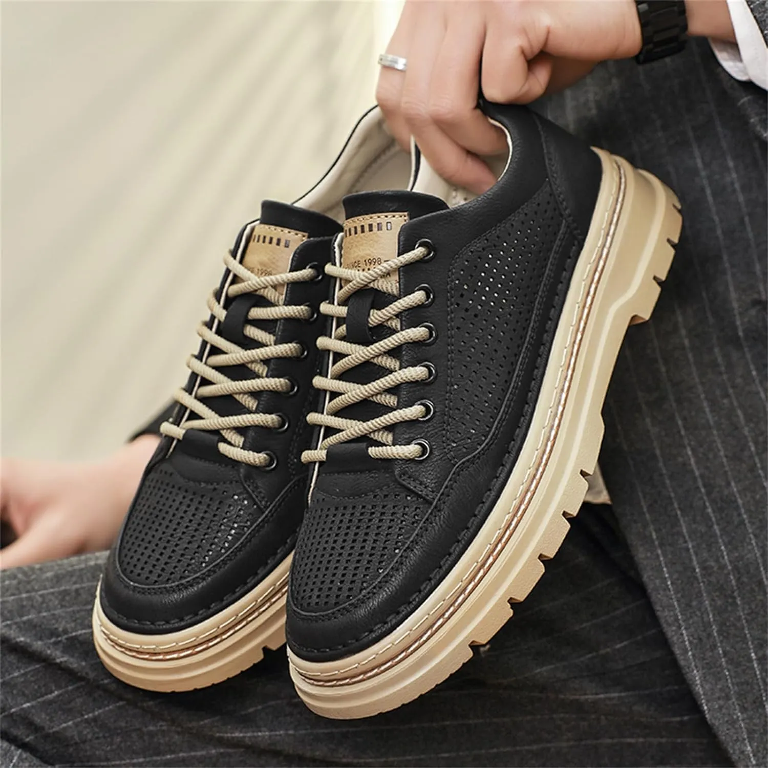 Mens Mid Top Hollow Breathable Leather Lace Up Fashion Sneakers Round Toe Platform Non Slip Sport Shoes for Walking Driving Daily Ourdoor