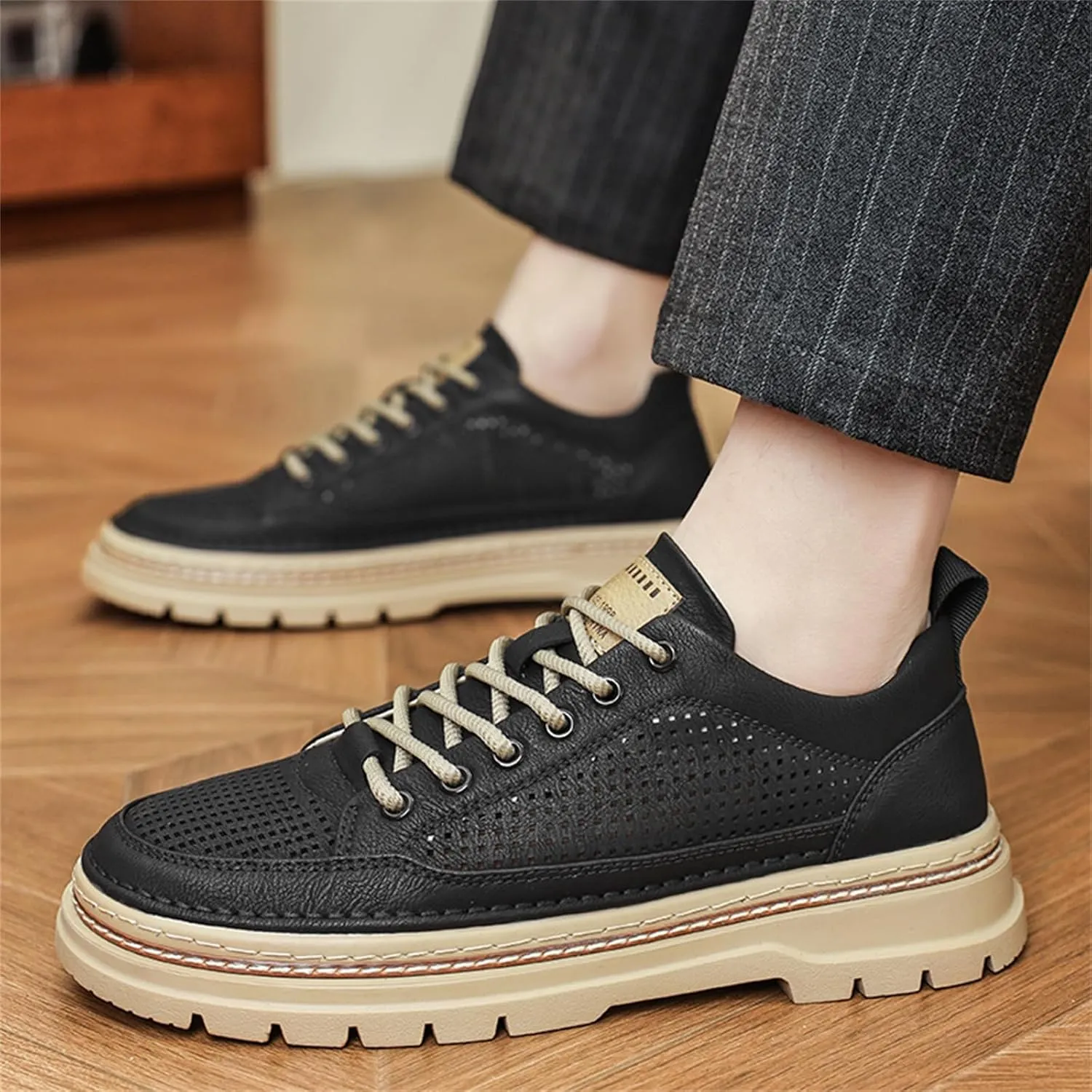 Mens Mid Top Hollow Breathable Leather Lace Up Fashion Sneakers Round Toe Platform Non Slip Sport Shoes for Walking Driving Daily Ourdoor