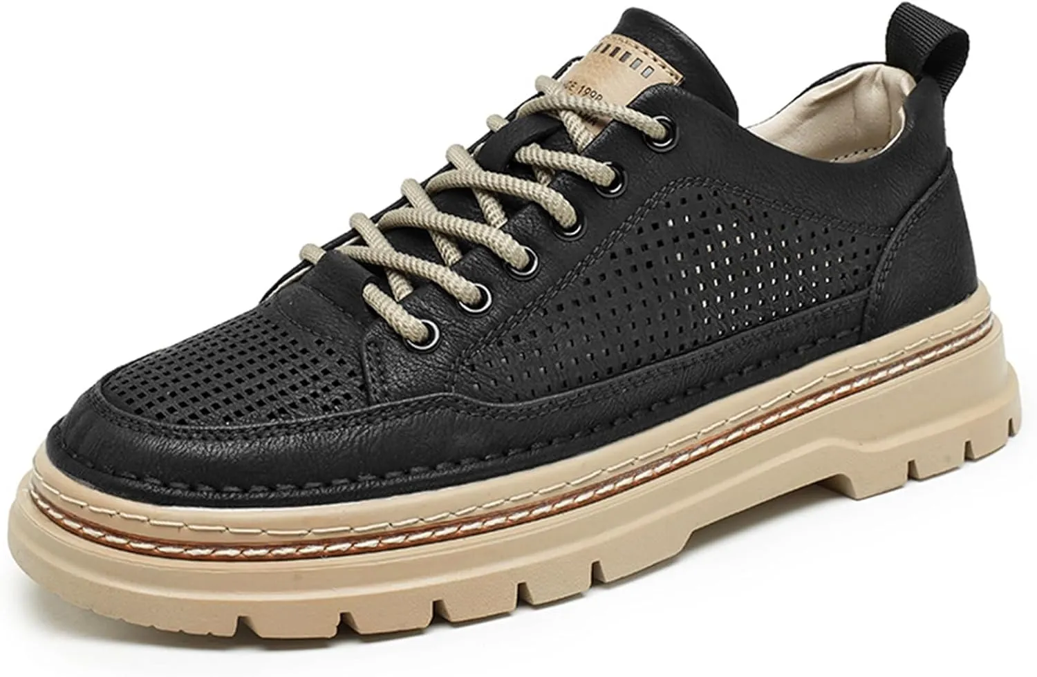 Mens Mid Top Hollow Breathable Leather Lace Up Fashion Sneakers Round Toe Platform Non Slip Sport Shoes for Walking Driving Daily Ourdoor