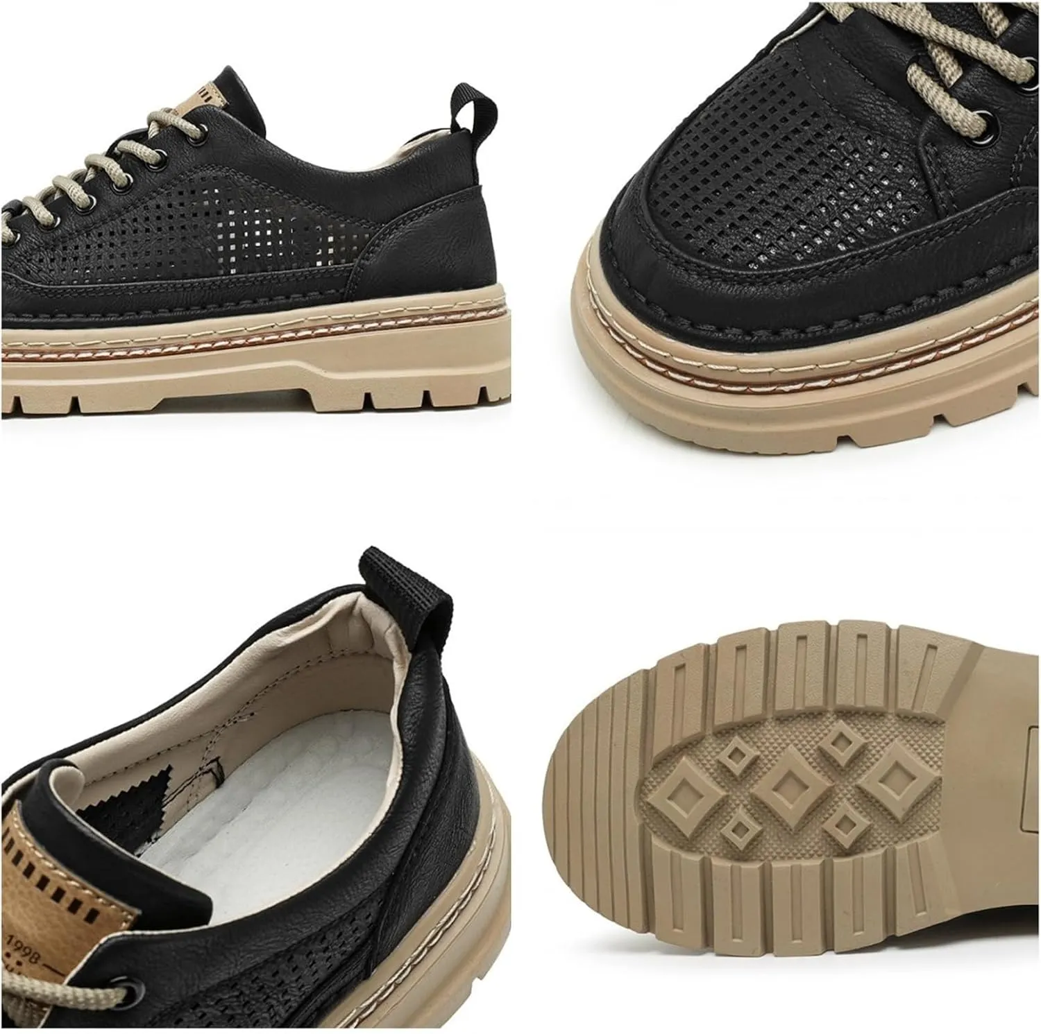 Mens Mid Top Hollow Breathable Leather Lace Up Fashion Sneakers Round Toe Platform Non Slip Sport Shoes for Walking Driving Daily Ourdoor