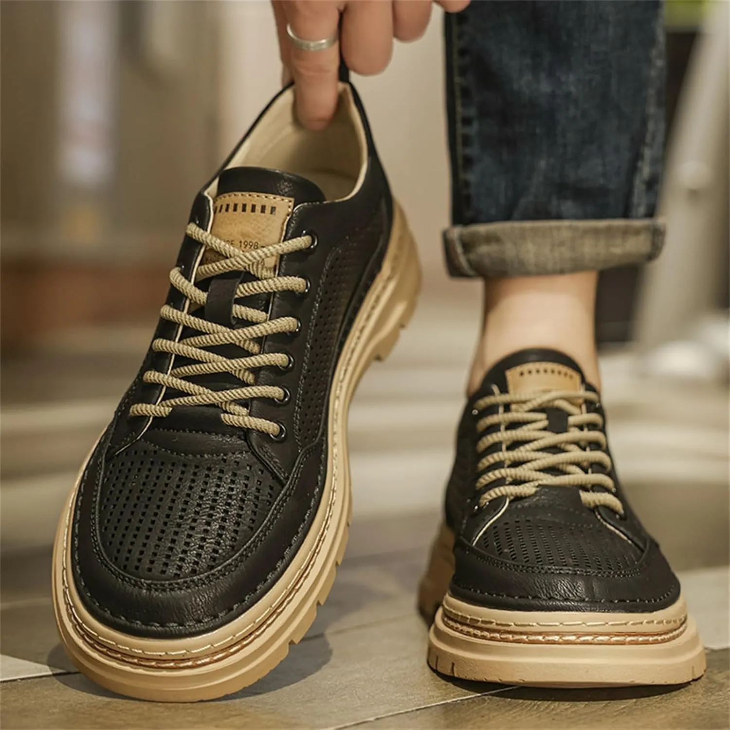 Mens Mid Top Hollow Breathable Leather Lace Up Fashion Sneakers Round Toe Platform Non Slip Sport Shoes for Walking Driving Daily Ourdoor