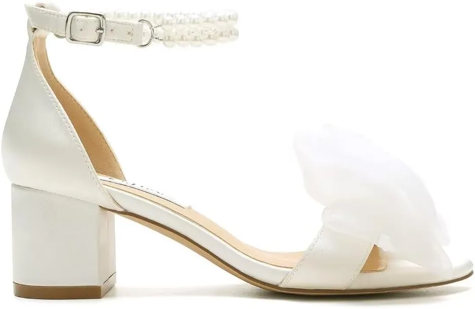 Pearl Heels Wedding Sandals with Bow Block Heel Wedding Shoes for Bride Bridal Heels