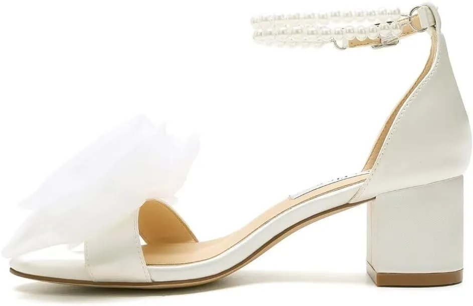 Pearl Heels Wedding Sandals with Bow Block Heel Wedding Shoes for Bride Bridal Heels