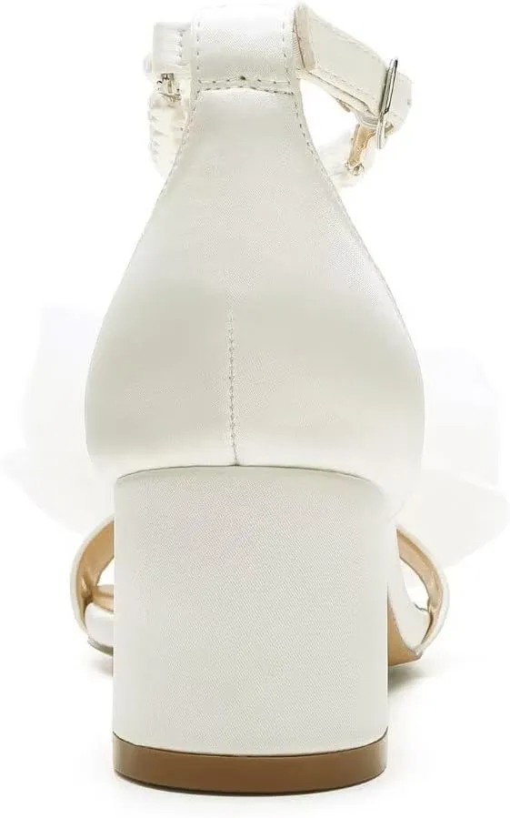Pearl Heels Wedding Sandals with Bow Block Heel Wedding Shoes for Bride Bridal Heels