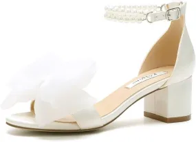 Pearl Heels Wedding Sandals with Bow Block Heel Wedding Shoes for Bride Bridal Heels