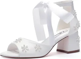 Pearl Wedding Shoes for Bride Open Toe Bridal Shoes Block Heel Wedding Sandals Ankle Strap Wedding Heels