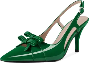 Slingback Heels Women Stilettos High Heel with Bow Square Toe Heels 3.5" Comfort Dress Pumps Shoes