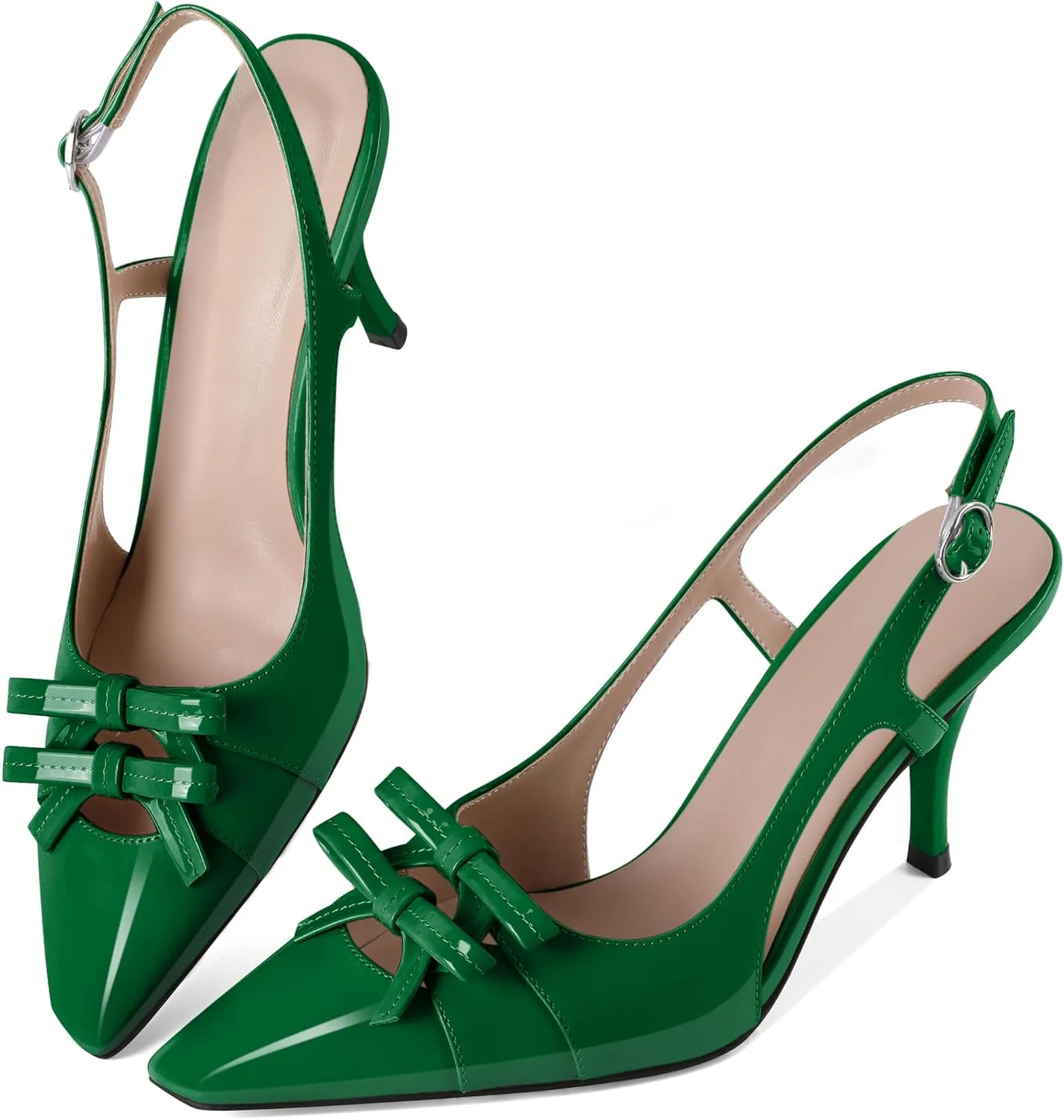 Slingback Heels Women Stilettos High Heel with Bow Square Toe Heels 3.5" Comfort Dress Pumps Shoes