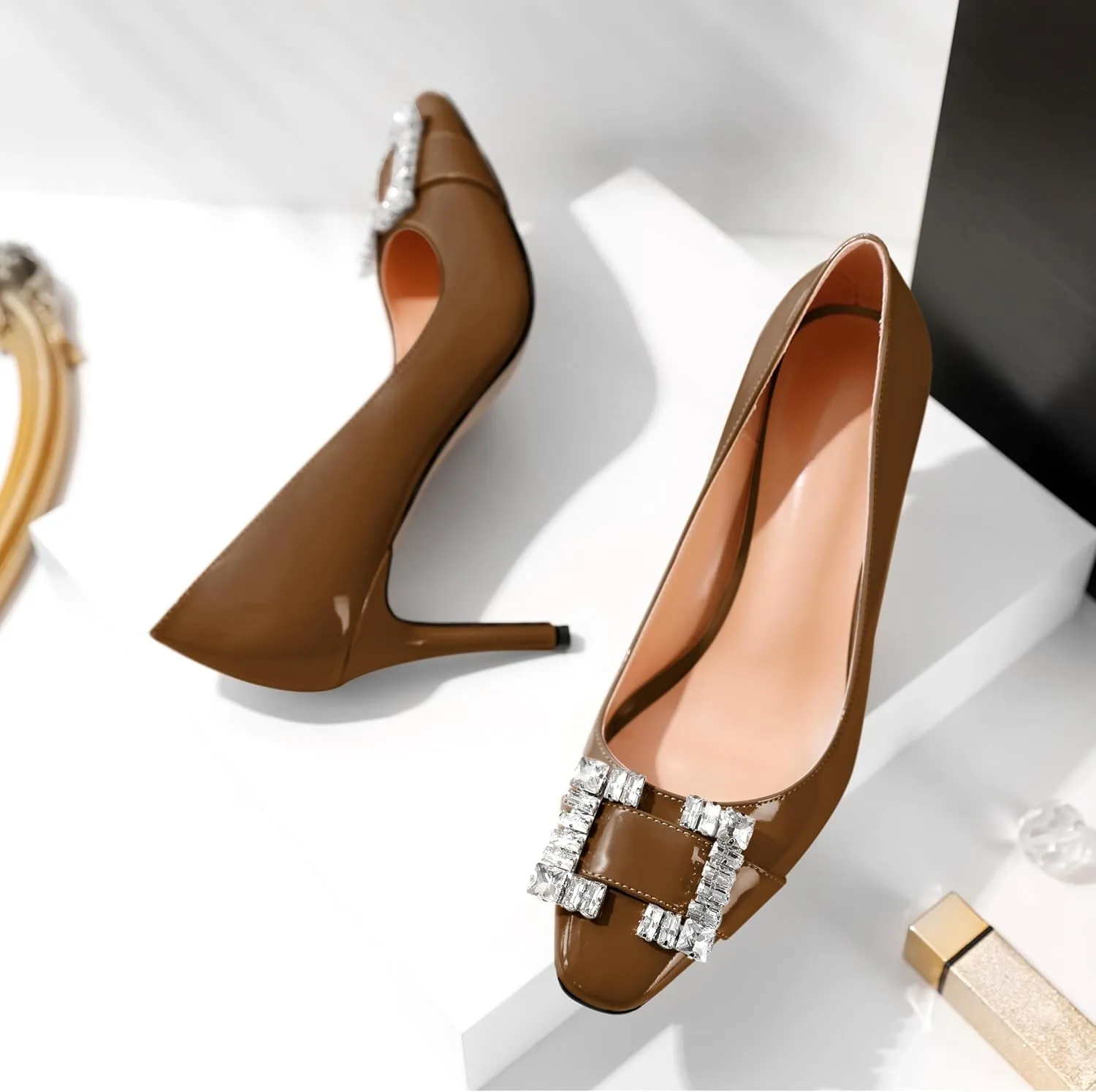 Soireelady Womens High Heel Rhinestone Crystal Pumps Closed Pointed Toe Stiletto Heels Slip On Wedding Evening Dress Shoes 3.5 Inch