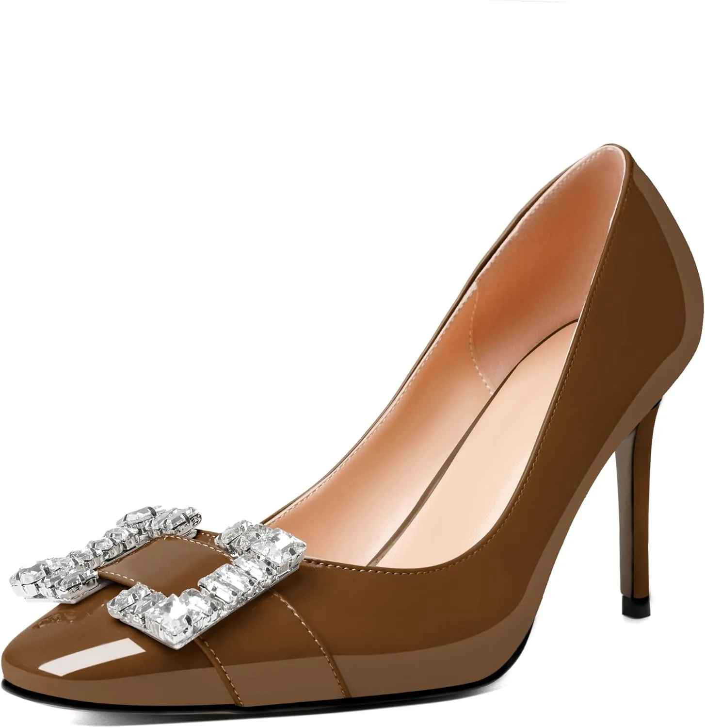 Soireelady Womens High Heel Rhinestone Crystal Pumps Closed Pointed Toe Stiletto Heels Slip On Wedding Evening Dress Shoes 3.5 Inch