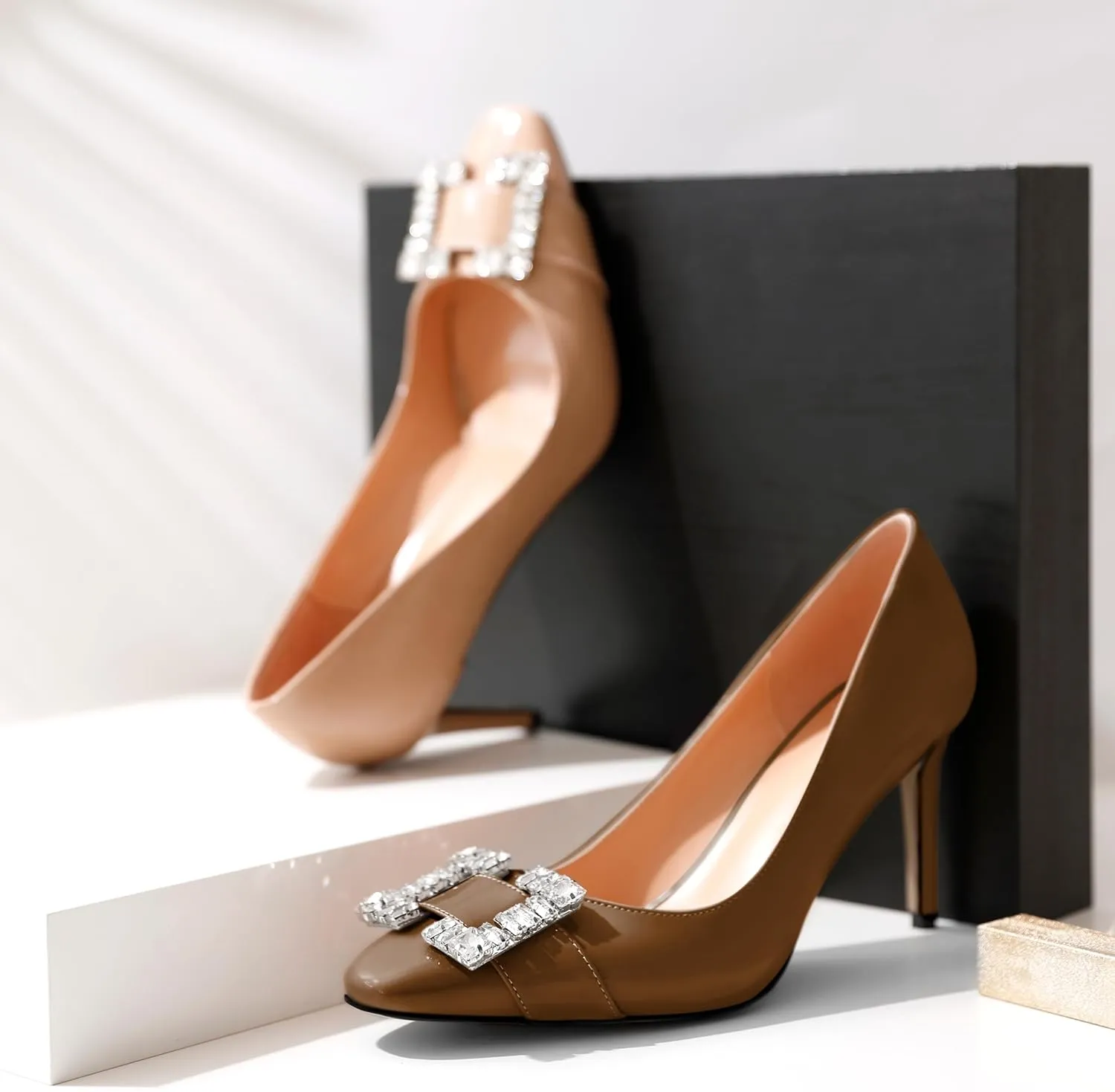 Soireelady Womens High Heel Rhinestone Crystal Pumps Closed Pointed Toe Stiletto Heels Slip On Wedding Evening Dress Shoes 3.5 Inch