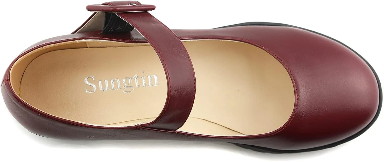 Sungtin Women Buckle Platform Shoes Chunky Mid Heel Mary Jane Shoes School Uniform Dress Shoes