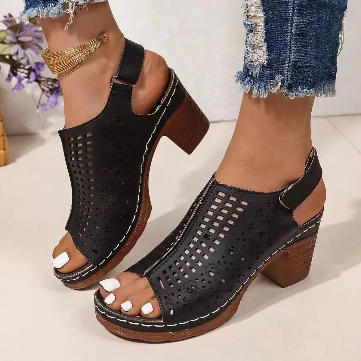 Women's Ankle Strap Low Chunky Heels Open Toe Blocked Strappy Sandals Dress Shoes for Wedding Bridal Party