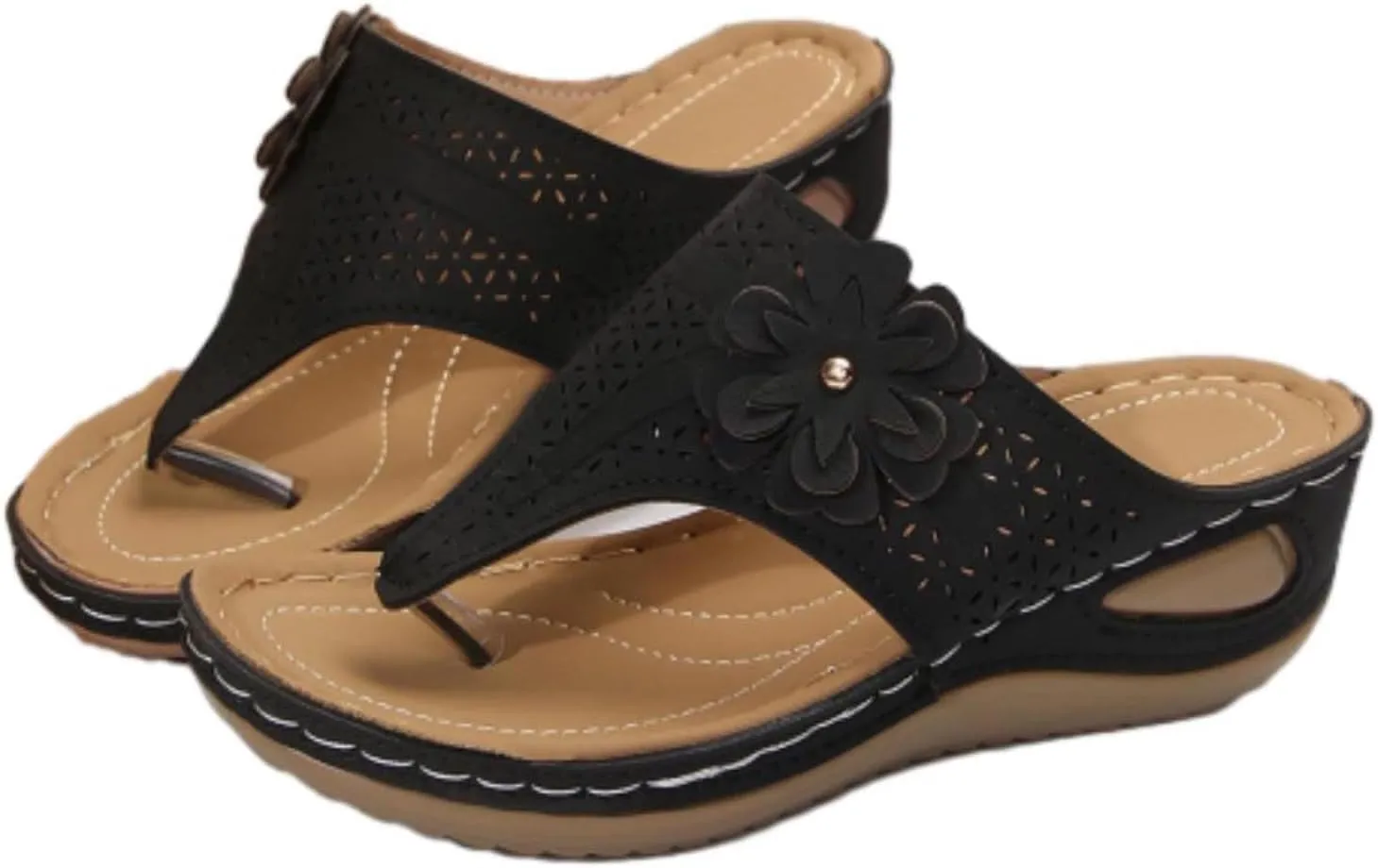 Women's Classic Leather Sandals Lightweight Flat Sandals Cute Hollow Out Flower One Stirrup Casual Walking Slippers, 4