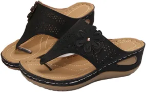 Women's Classic Leather Sandals Lightweight Flat Sandals Cute Hollow Out Flower One Stirrup Casual Walking Slippers, 4