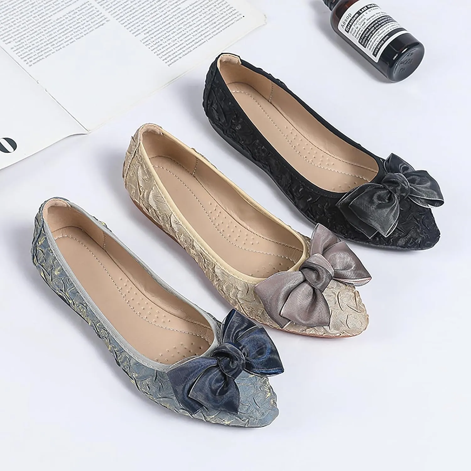 Women's Flats, Foldable Ballet Flats for Women, Fashion Bow Tie Pionted Toe Comfort Lightweight Slip-On Dress Shoes