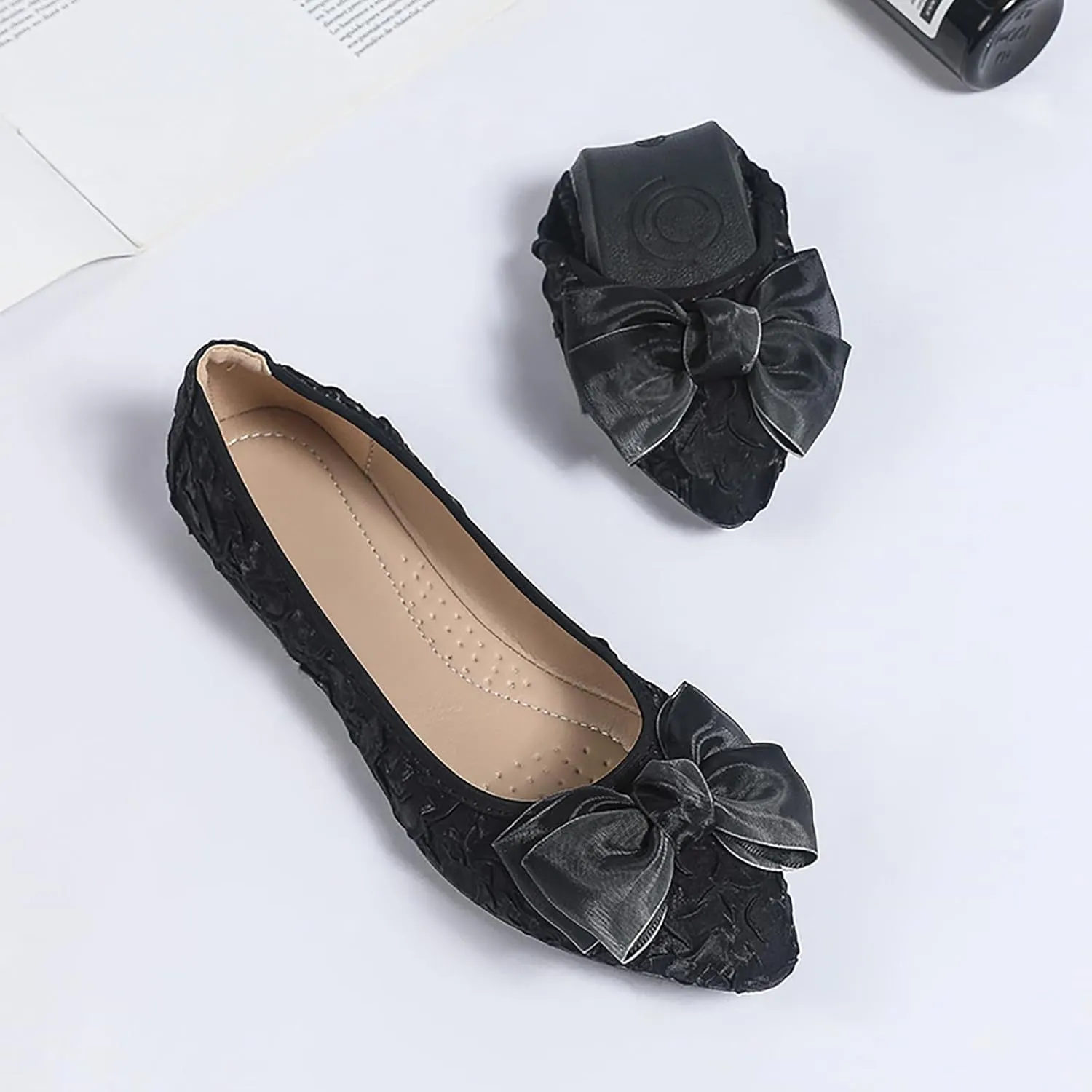 Women's Flats, Foldable Ballet Flats for Women, Fashion Bow Tie Pionted Toe Comfort Lightweight Slip-On Dress Shoes