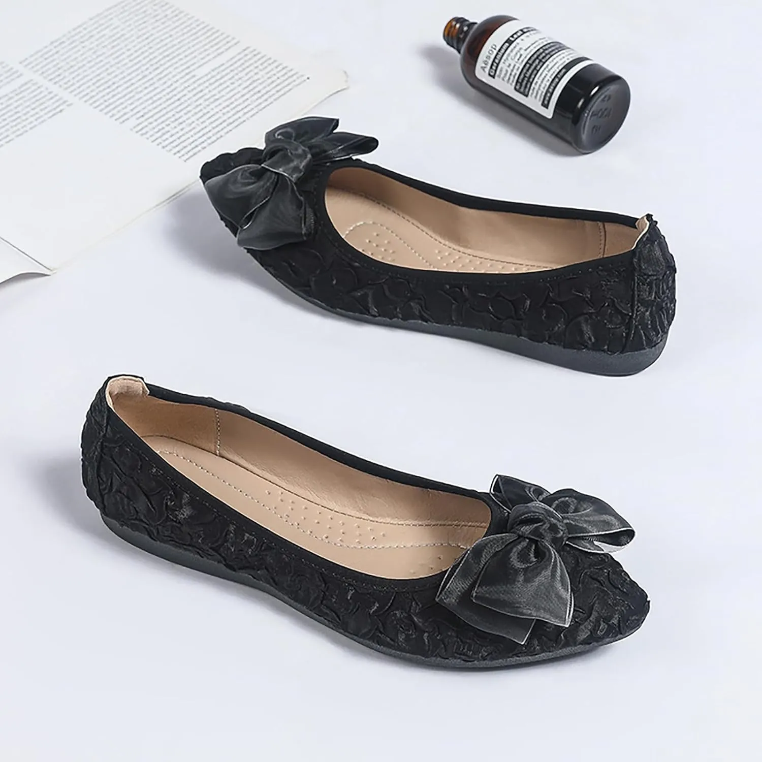 Women's Flats, Foldable Ballet Flats for Women, Fashion Bow Tie Pionted Toe Comfort Lightweight Slip-On Dress Shoes