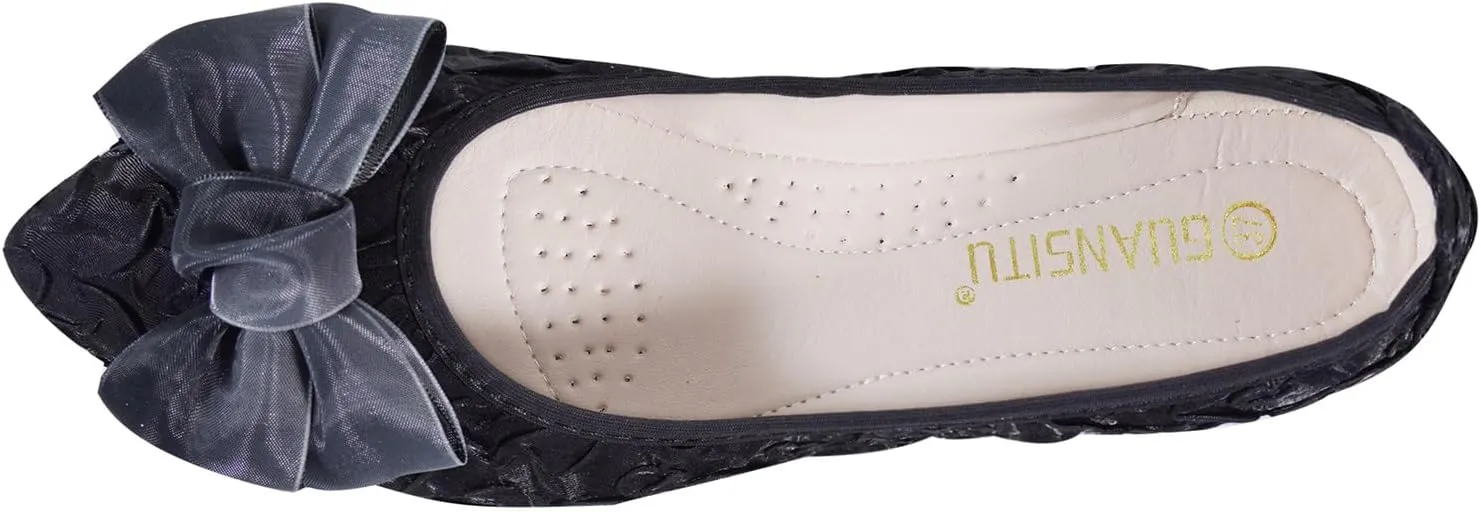 Women's Flats, Foldable Ballet Flats for Women, Fashion Bow Tie Pionted Toe Comfort Lightweight Slip-On Dress Shoes
