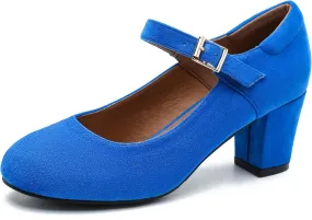 Women's Mary Jane Shoes Low Block Heel Ankle Strap Closed Round Toe Pumps Dress Wedding Office Work Church Shoes Royal Blue Suede 38-7US