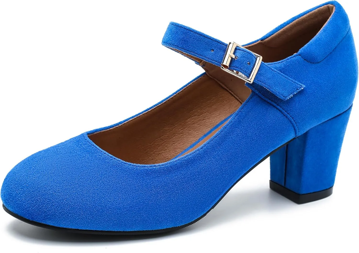 Women's Mary Jane Shoes Low Block Heel Ankle Strap Closed Round Toe Pumps Dress Wedding Office Work Church Shoes Royal Blue Suede 38-7US