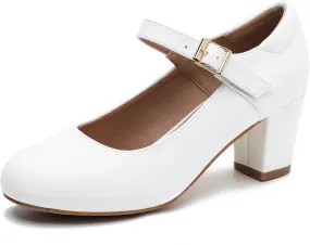Women's Mary Jane Shoes Low Block Heel Ankle Strap Closed Round Toe Pumps Dress Wedding Office Work Church Shoes White Matte 46-12US