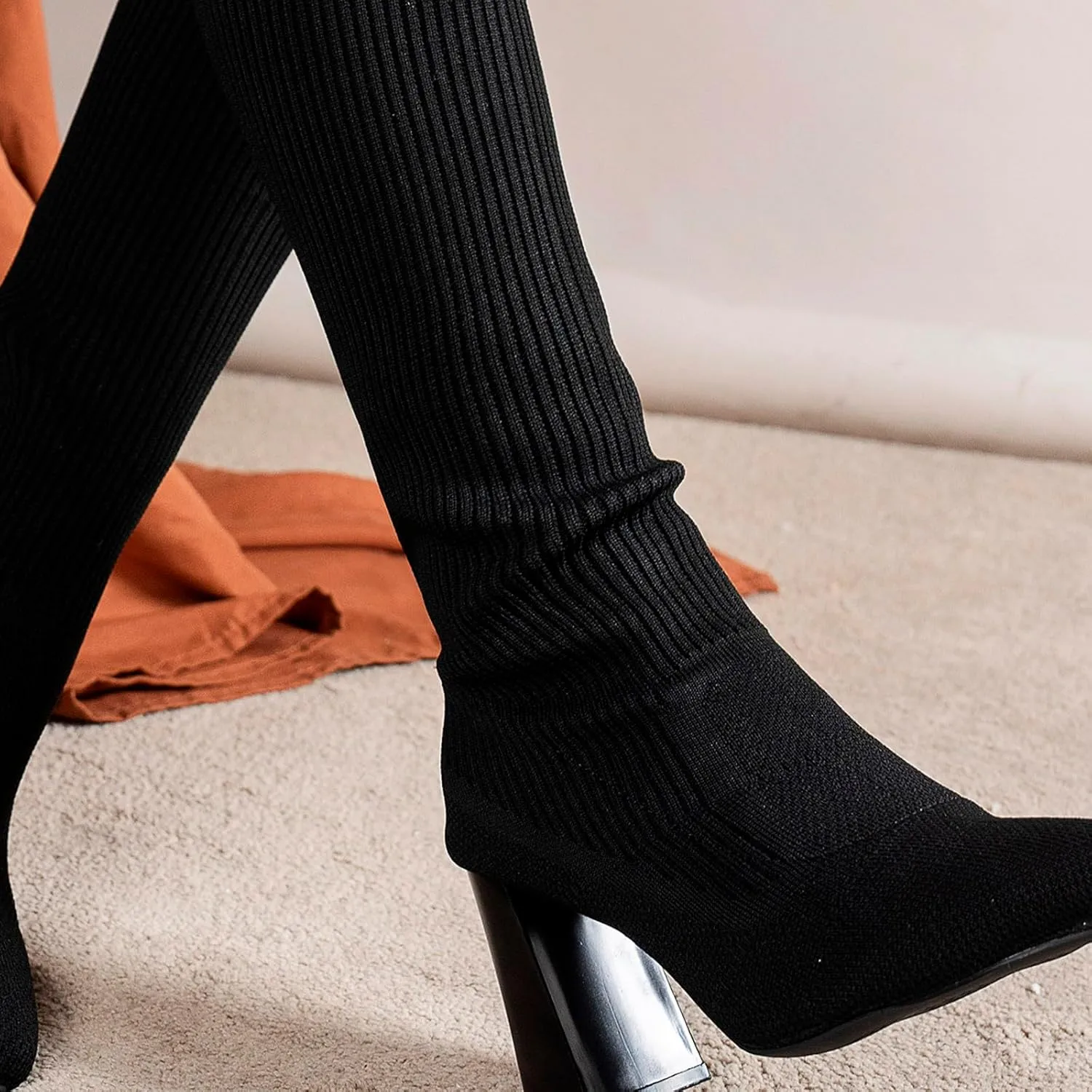 Women's Mid Calf Rain Boots Stretch High Heeled Women's Fashion Over The Knee High Chunky Color Boots Low Chunky Heel