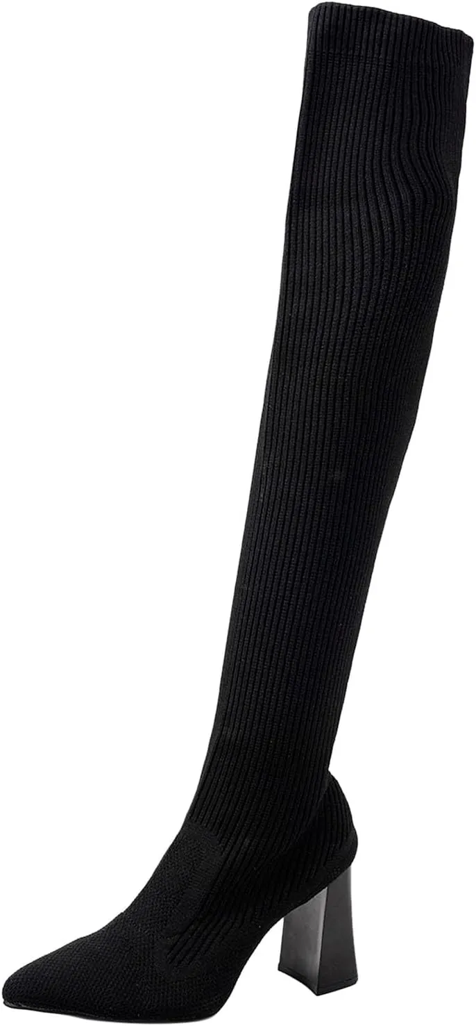 Women's Mid Calf Rain Boots Stretch High Heeled Women's Fashion Over The Knee High Chunky Color Boots Low Chunky Heel