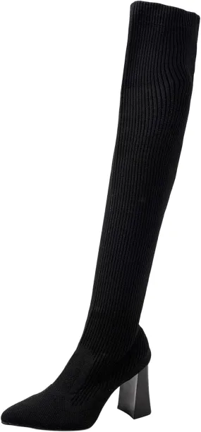 Women's Mid Calf Rain Boots Stretch High Heeled Women's Fashion Over The Knee High Chunky Color Boots Low Chunky Heel