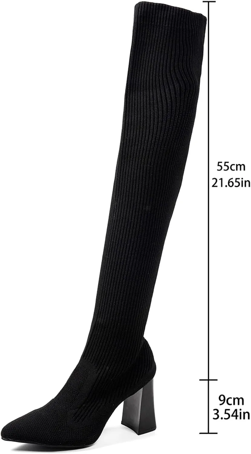 Women's Mid Calf Rain Boots Stretch High Heeled Women's Fashion Over The Knee High Chunky Color Boots Low Chunky Heel