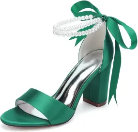 Women's Pearl Chunky Block Sandals for Wedding Shoes for Birde Open Toe Satin Bridal Shoes