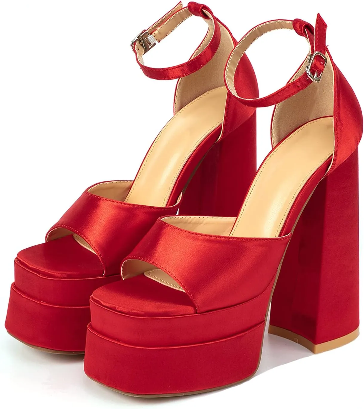 Womens Platform Chunky High Block Heels Ankle Strap Open Square Toe Heels Pumps Fashion Dress Party Shoes