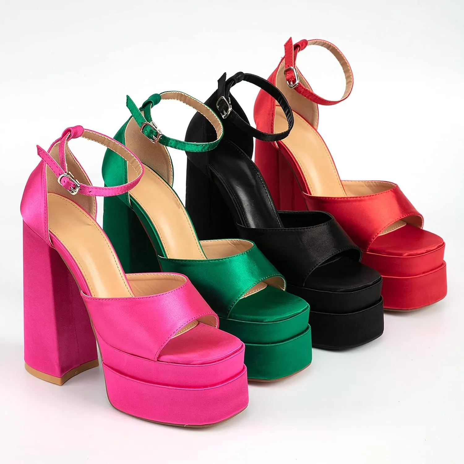 Womens Platform Chunky High Block Heels Ankle Strap Open Square Toe Heels Pumps Fashion Dress Party Shoes