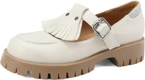 Women's Platform Tassels Round Closed Toe Pump Loafers Adjustable Buckle Comfortable Chunky Mid Heel Office Work Casual Fashion Business Dress Shoes All Weather Daily Wear Flats