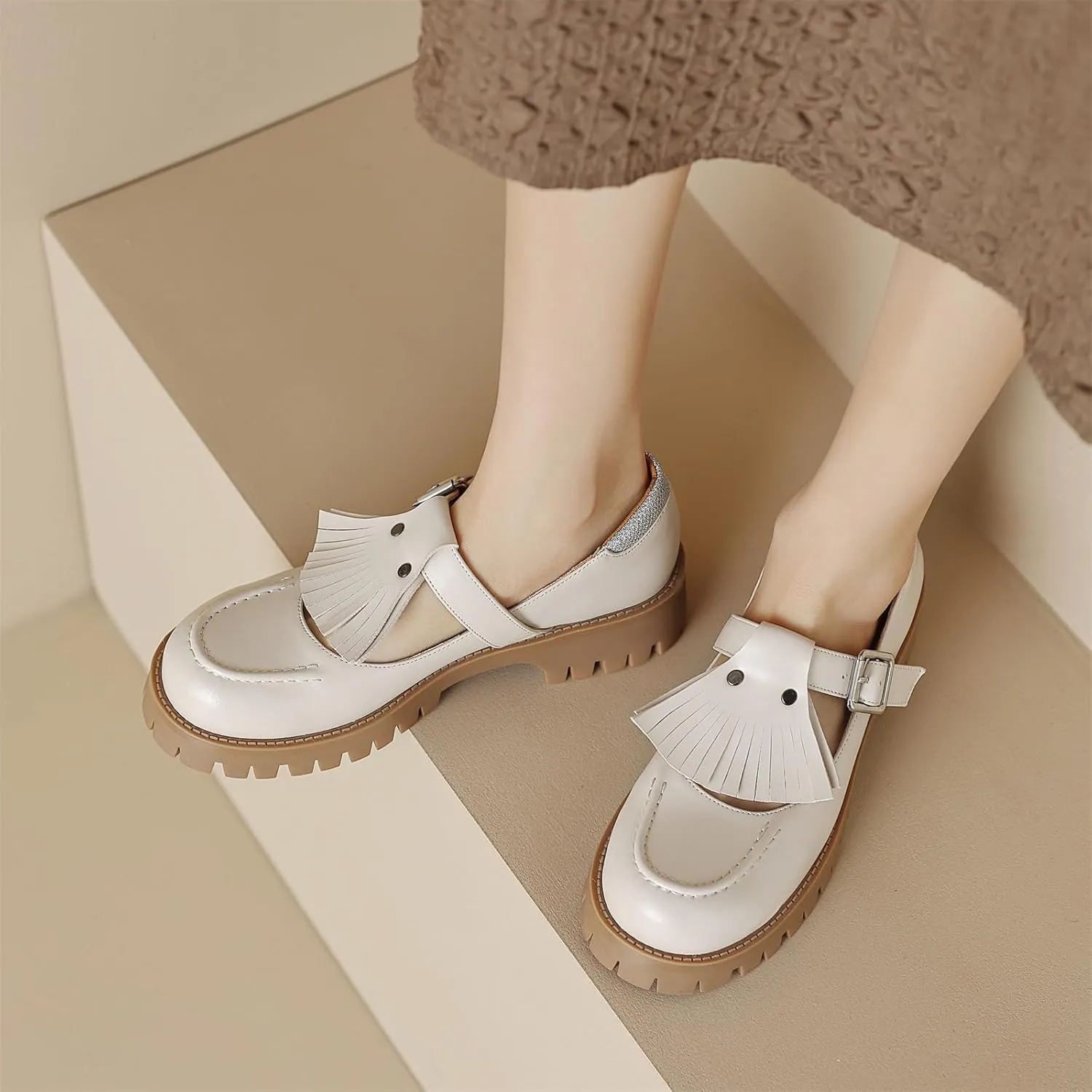 Women's Platform Tassels Round Closed Toe Pump Loafers Adjustable Buckle Comfortable Chunky Mid Heel Office Work Casual Fashion Business Dress Shoes All Weather Daily Wear Flats