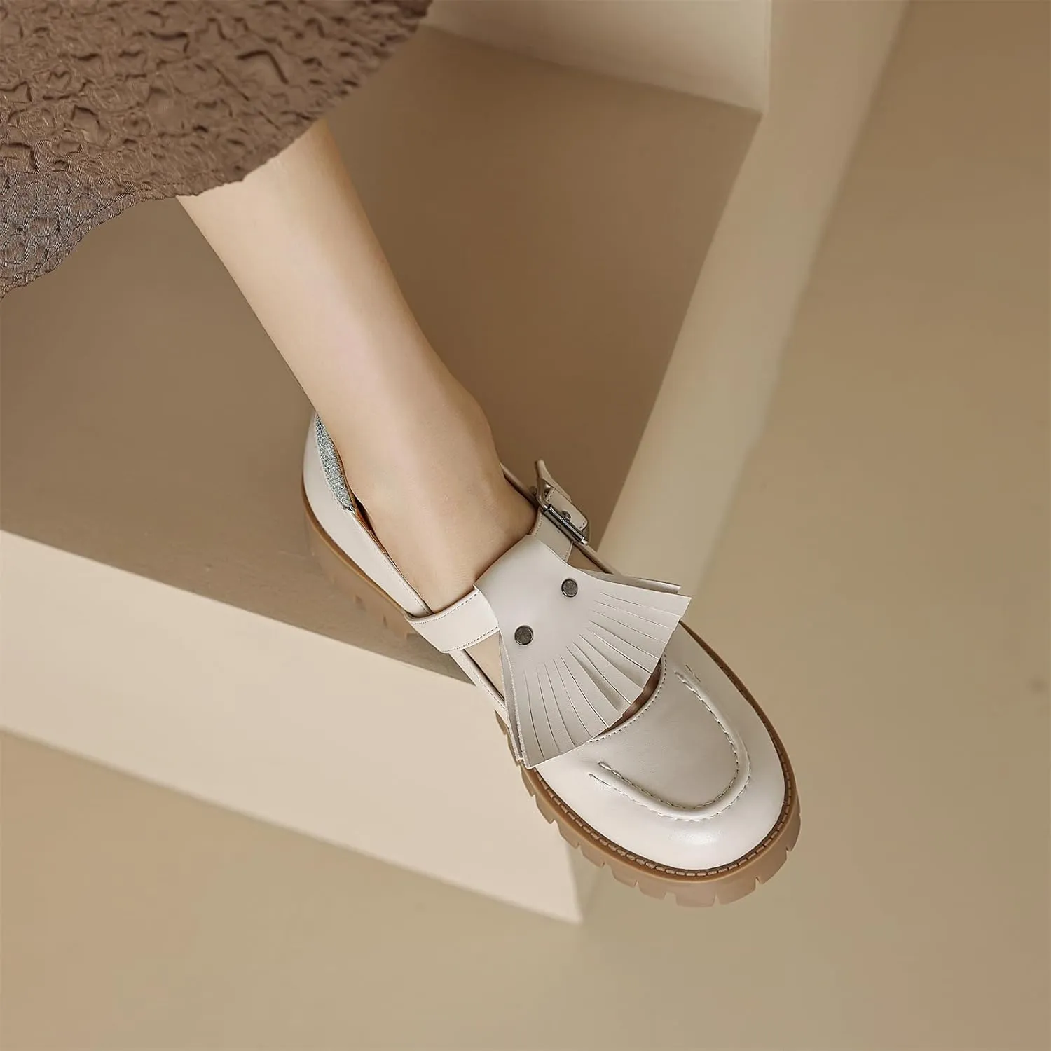 Women's Platform Tassels Round Closed Toe Pump Loafers Adjustable Buckle Comfortable Chunky Mid Heel Office Work Casual Fashion Business Dress Shoes All Weather Daily Wear Flats