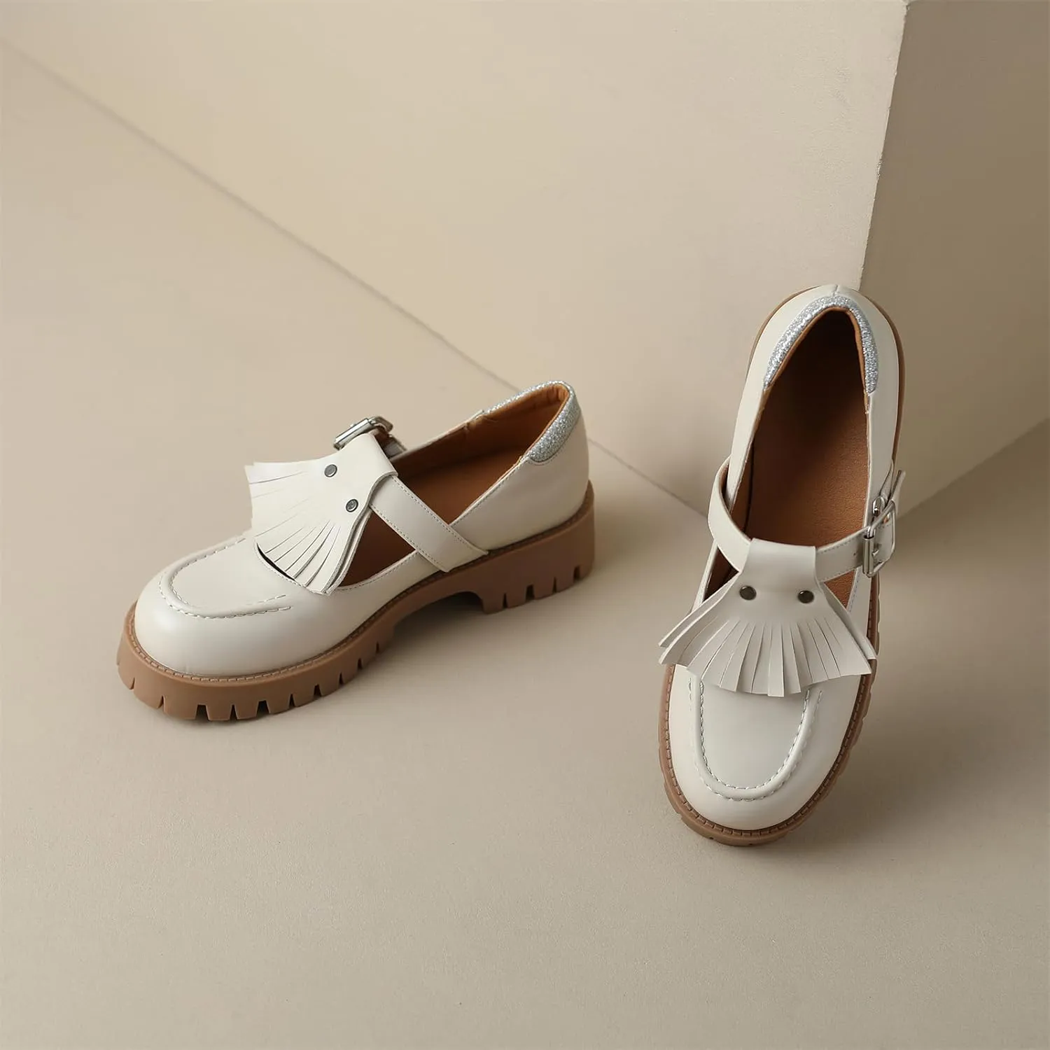 Women's Platform Tassels Round Closed Toe Pump Loafers Adjustable Buckle Comfortable Chunky Mid Heel Office Work Casual Fashion Business Dress Shoes All Weather Daily Wear Flats